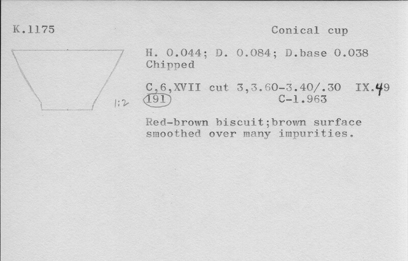 Index card with typed and handwritten information, sometimes including a sketch, of pottery from an excavation.