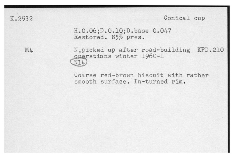 Index card with typed and handwritten information, sometimes including a sketch, of pottery from an excavation.