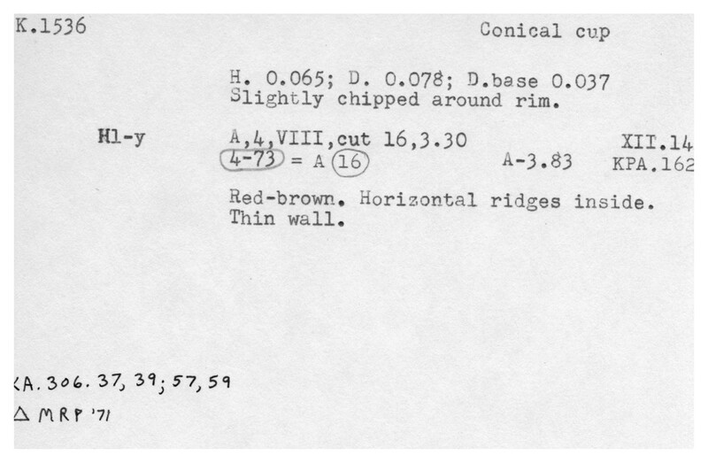 Index card with typed and handwritten information, sometimes including a sketch, of pottery from an excavation.