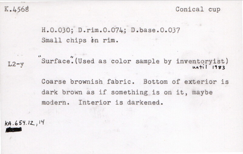 Index card with typed and handwritten information, sometimes including a sketch, of pottery from an excavation.