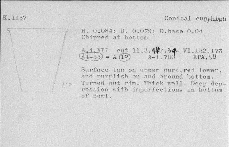 Index card with typed and handwritten information, sometimes including a sketch, of pottery from an excavation.