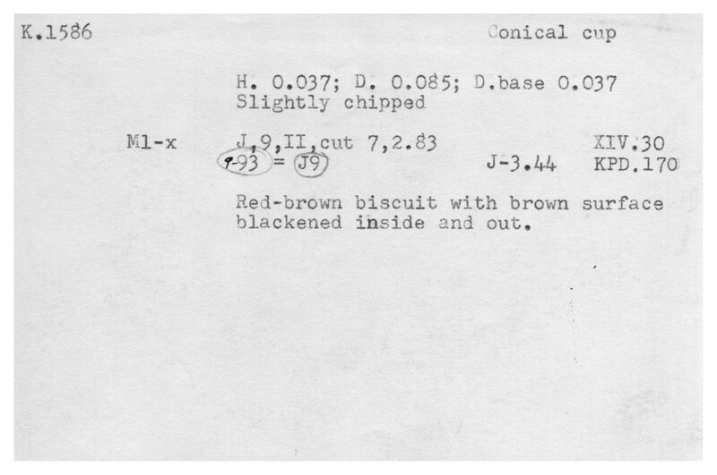 Index card with typed and handwritten information, sometimes including a sketch, of pottery from an excavation.