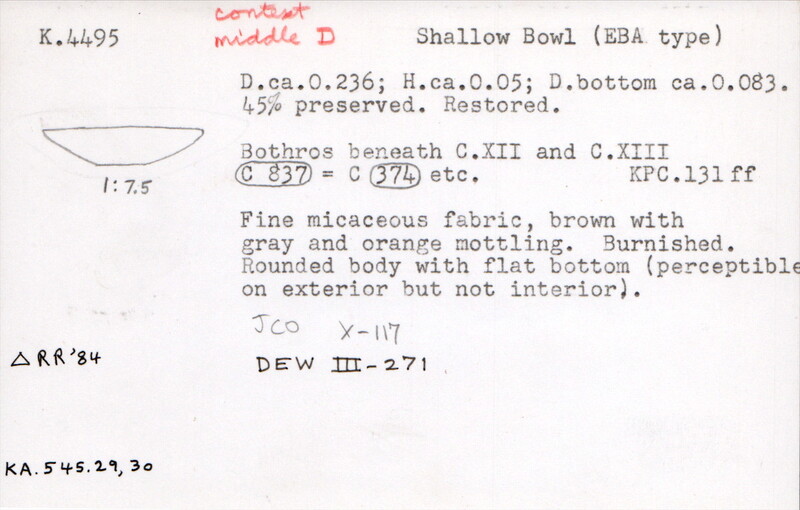 Index card with typed and handwritten information, sometimes including a sketch, of pottery from an excavation.