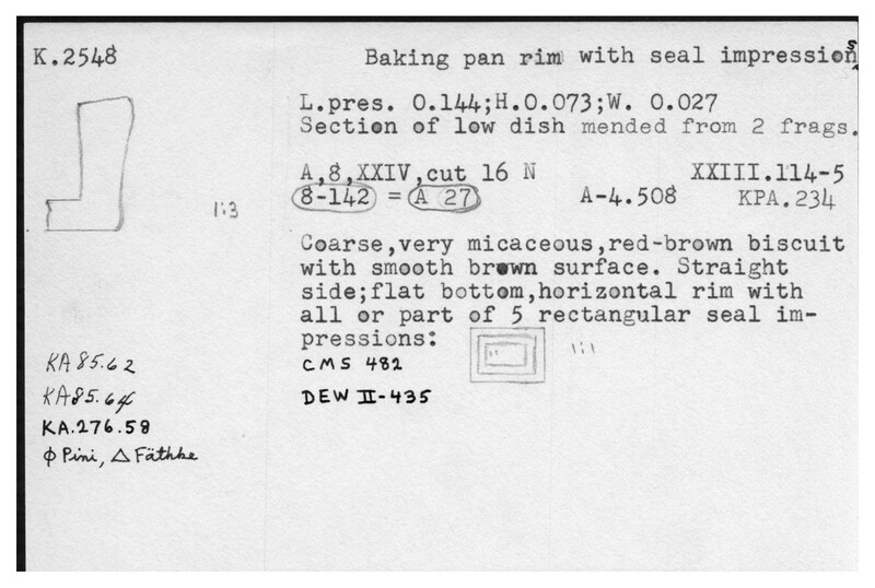 Index card with typed and handwritten information, sometimes including a sketch, of pottery from an excavation.