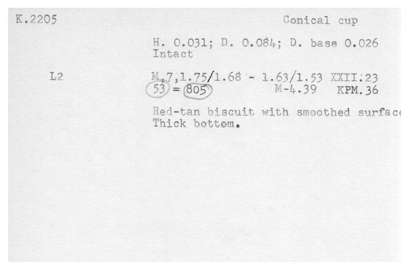 Index card with typed and handwritten information, sometimes including a sketch, of pottery from an excavation.