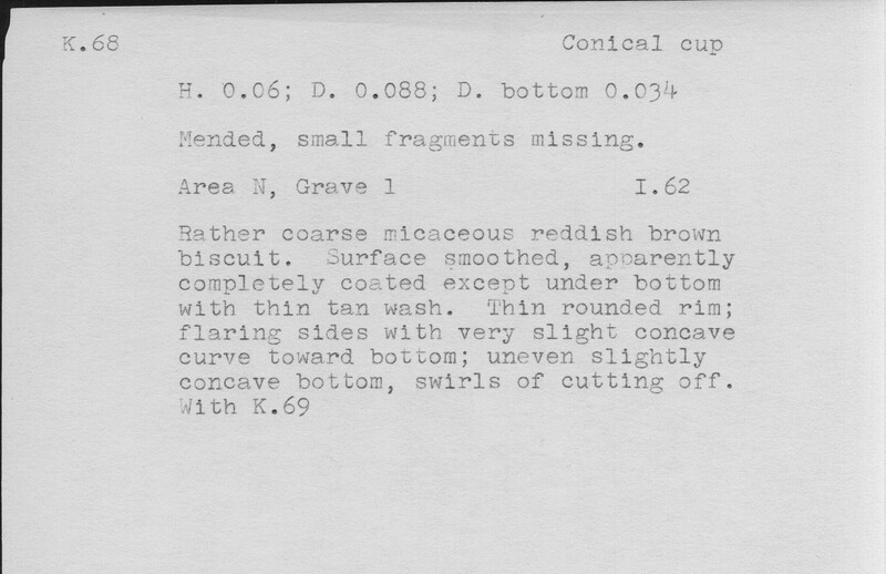Index card with typed and handwritten information, sometimes including a sketch, of pottery from an excavation.