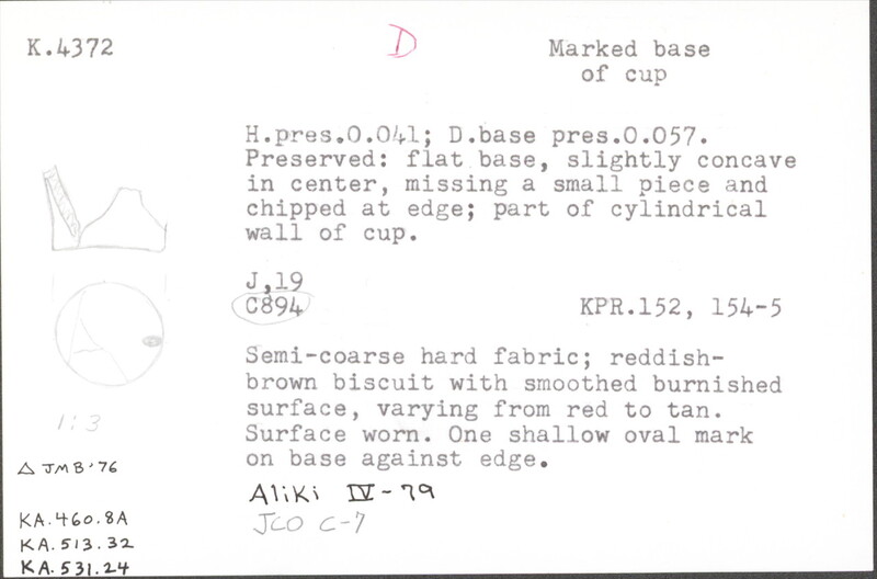 Index card with typed and handwritten information, sometimes including a sketch, of pottery from an excavation.