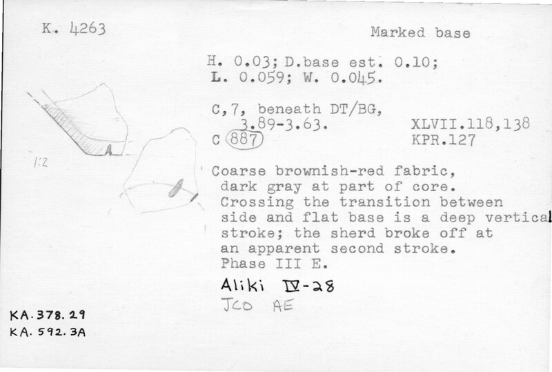 Index card with typed and handwritten information, sometimes including a sketch, of pottery from an excavation.