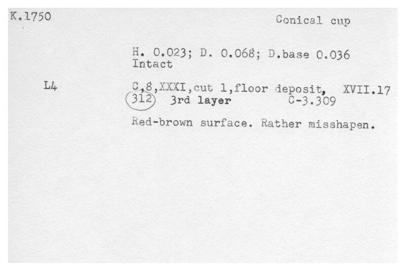 Index card with typed and handwritten information, sometimes including a sketch, of pottery from an excavation.