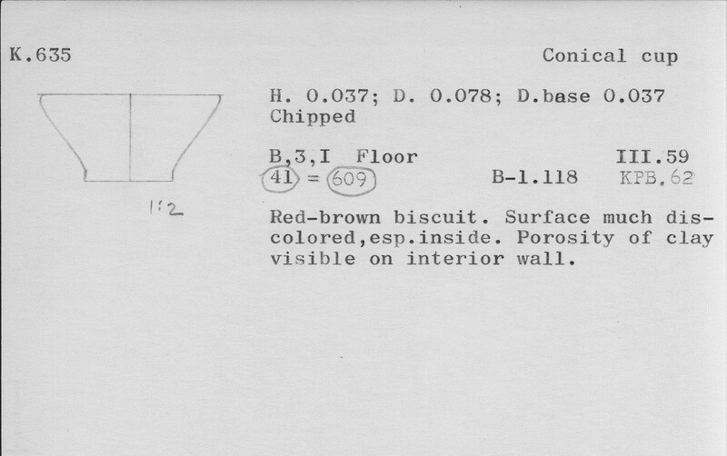 Index card with typed and handwritten information, sometimes including a sketch, of pottery from an excavation.