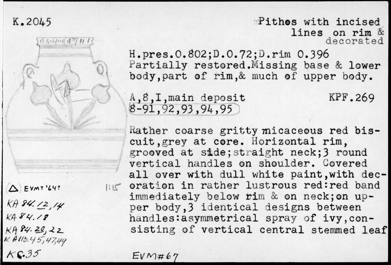 Index card with typed and handwritten information, sometimes including a sketch, of pottery from an excavation.