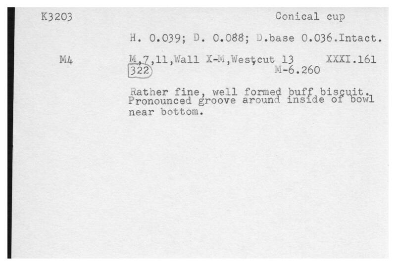 Index card with typed and handwritten information, sometimes including a sketch, of pottery from an excavation.