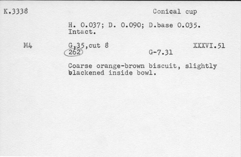 Index card with typed and handwritten information, sometimes including a sketch, of pottery from an excavation.