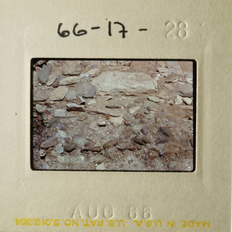 The photo shows a close-up of a rocky surface with a variety of rock types, including flat and jagged rocks, and some dirt.