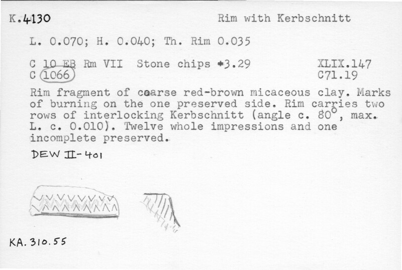 Index card with typed and handwritten information, sometimes including a sketch, of pottery from an excavation.