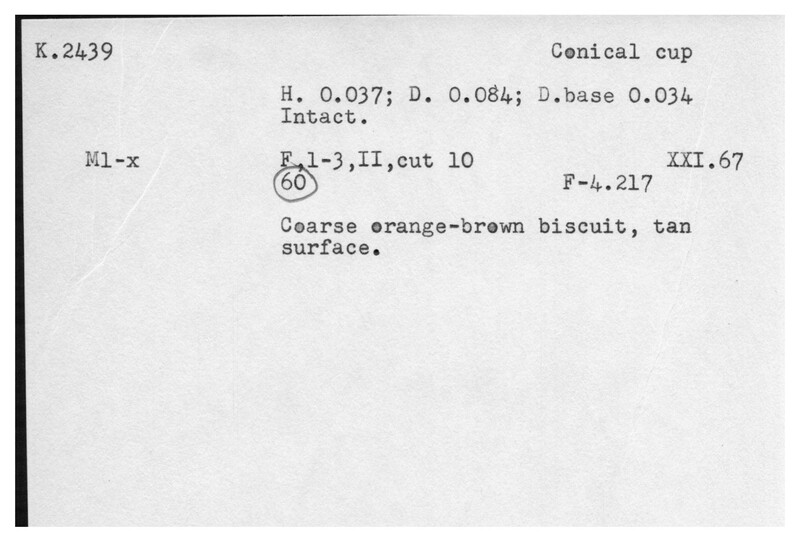 Index card with typed and handwritten information, sometimes including a sketch, of pottery from an excavation.