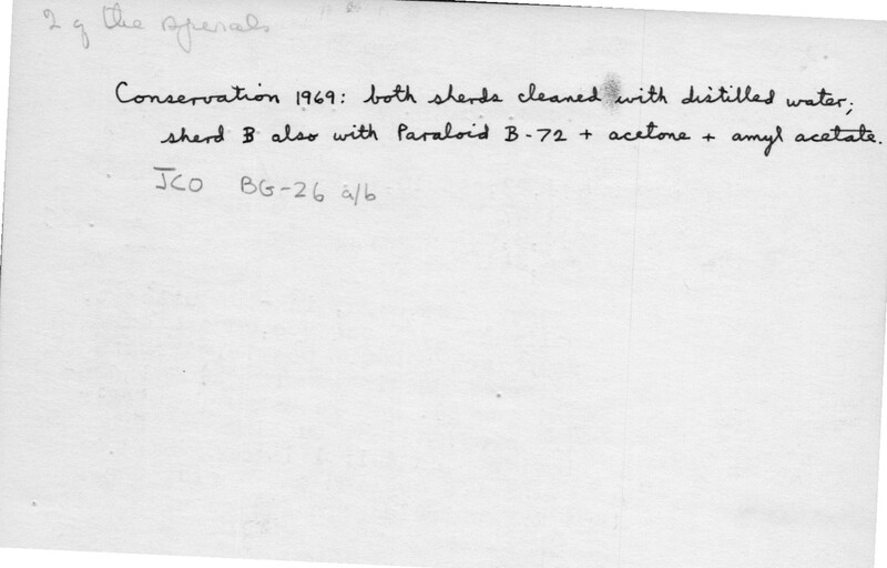 Index card with typed and handwritten information, sometimes including a sketch, of pottery from an excavation.