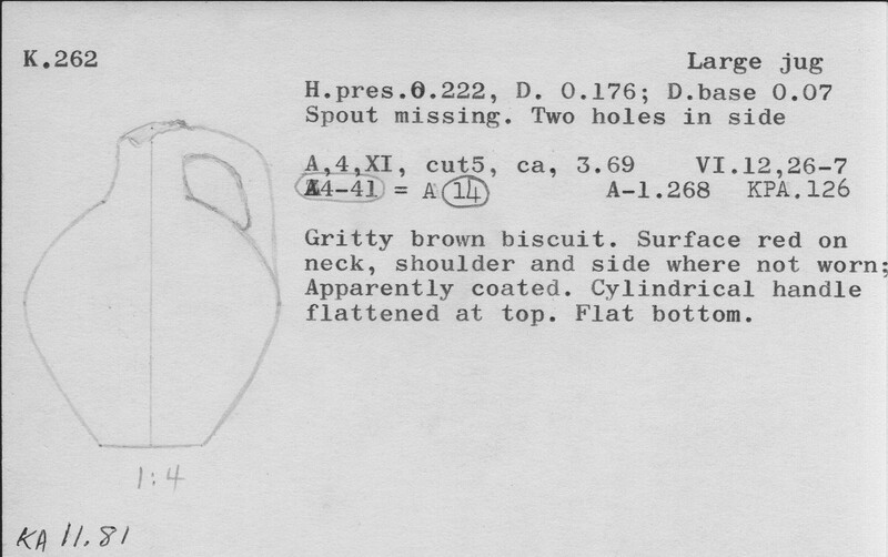 Index card with typed and handwritten information, sometimes including a sketch, of pottery from an excavation.