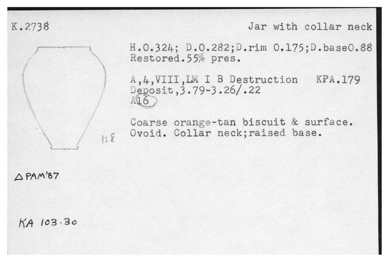 Index card with typed and handwritten information, sometimes including a sketch, of pottery from an excavation.