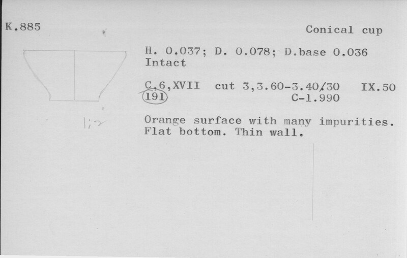 Index card with typed and handwritten information, sometimes including a sketch, of pottery from an excavation.