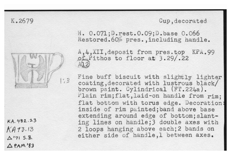 Index card with typed and handwritten information, sometimes including a sketch, of pottery from an excavation.