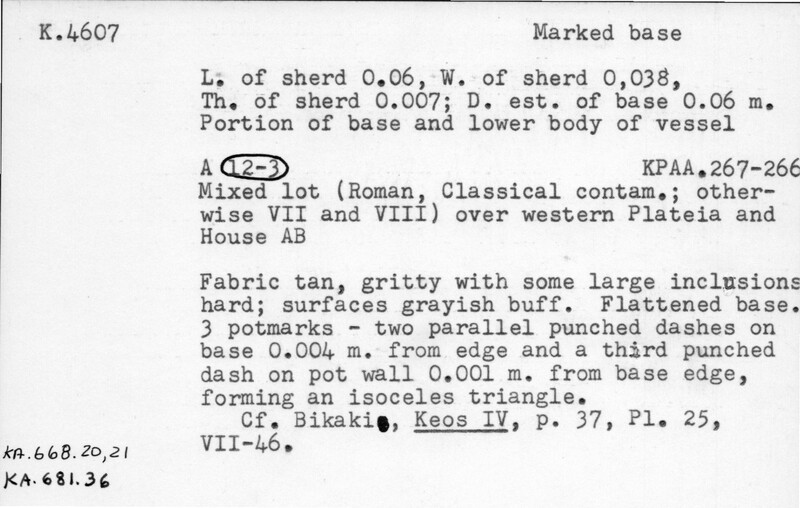 Index card with typed and handwritten information, sometimes including a sketch, of pottery from an excavation.
