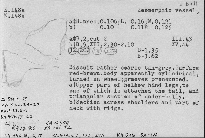 Index card with typed and handwritten information, sometimes including a sketch, of pottery from an excavation.
