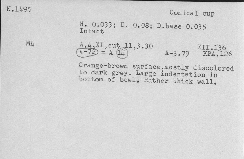 Index card with typed and handwritten information, sometimes including a sketch, of pottery from an excavation.