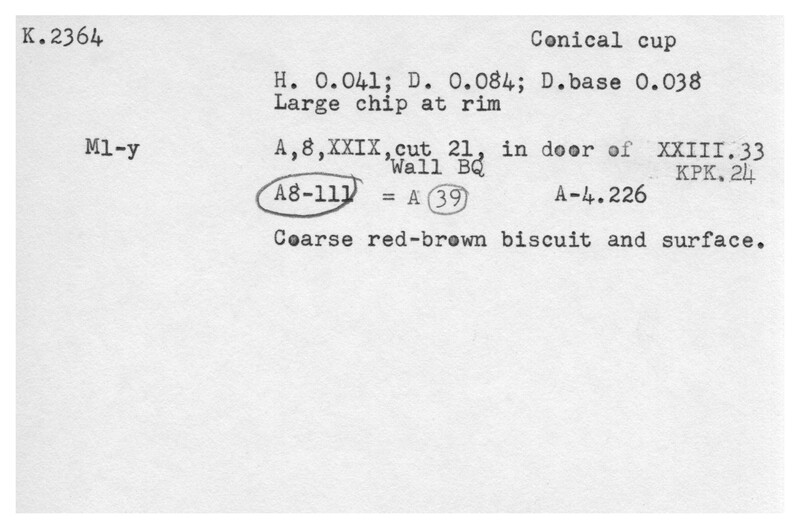 Index card with typed and handwritten information, sometimes including a sketch, of pottery from an excavation.