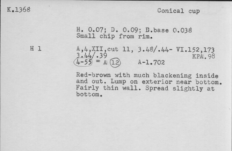 Index card with typed and handwritten information, sometimes including a sketch, of pottery from an excavation.