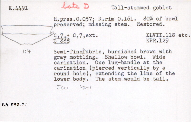Index card with typed and handwritten information, sometimes including a sketch, of pottery from an excavation.