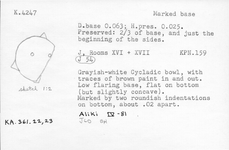 Index card with typed and handwritten information, sometimes including a sketch, of pottery from an excavation.
