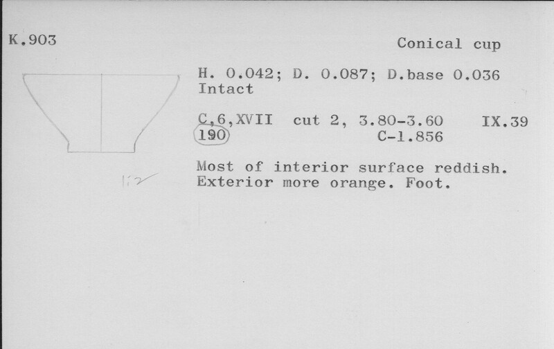 Index card with typed and handwritten information, sometimes including a sketch, of pottery from an excavation.