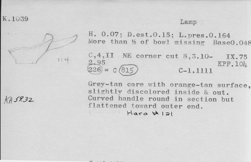 Index card with typed and handwritten information, sometimes including a sketch, of pottery from an excavation.