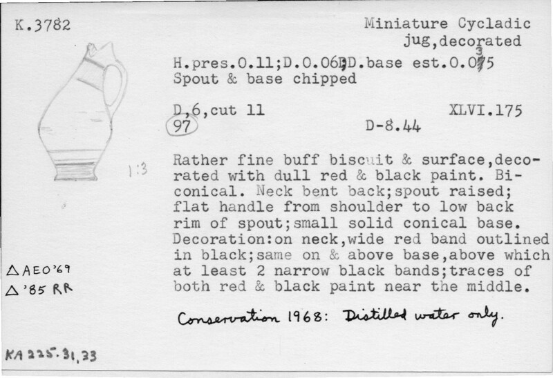 Index card with typed and handwritten information, sometimes including a sketch, of pottery from an excavation.
