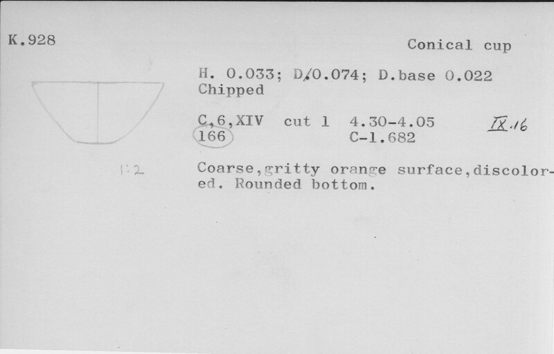 Index card with typed and handwritten information, sometimes including a sketch, of pottery from an excavation.