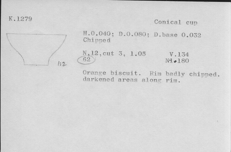 Index card with typed and handwritten information, sometimes including a sketch, of pottery from an excavation.