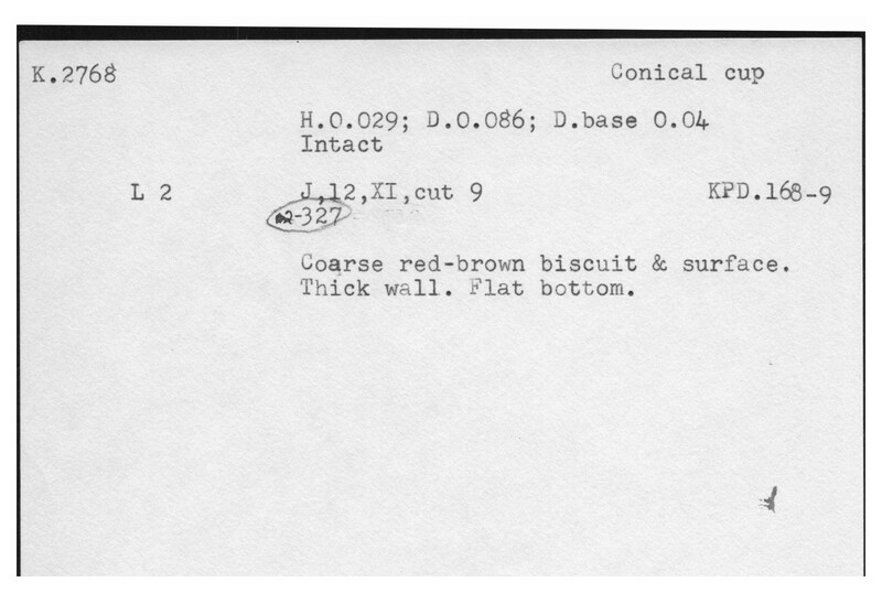 Index card with typed and handwritten information, sometimes including a sketch, of pottery from an excavation.