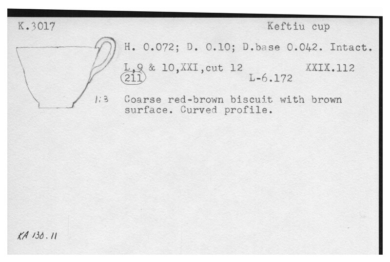 Index card with typed and handwritten information, sometimes including a sketch, of pottery from an excavation.