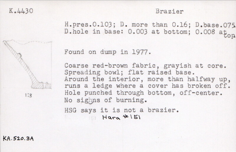 Index card with typed and handwritten information, sometimes including a sketch, of pottery from an excavation.