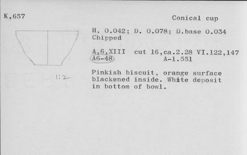 Index card with typed and handwritten information, sometimes including a sketch, of pottery from an excavation.