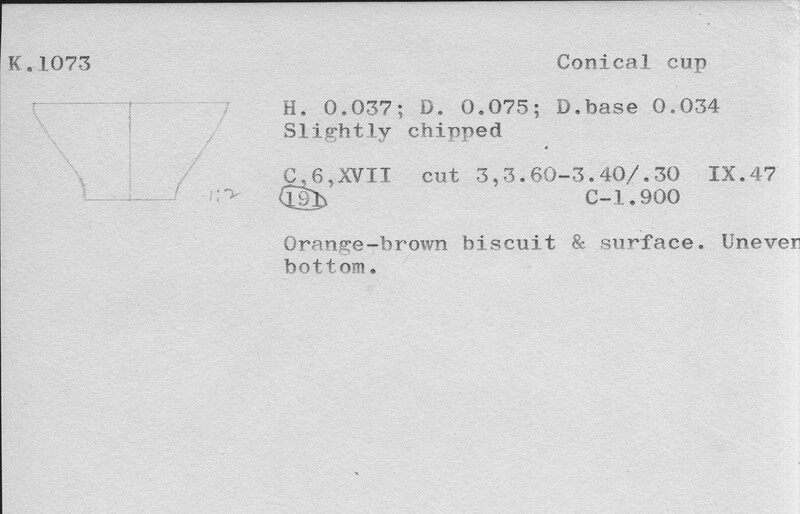 Index card with typed and handwritten information, sometimes including a sketch, of pottery from an excavation.