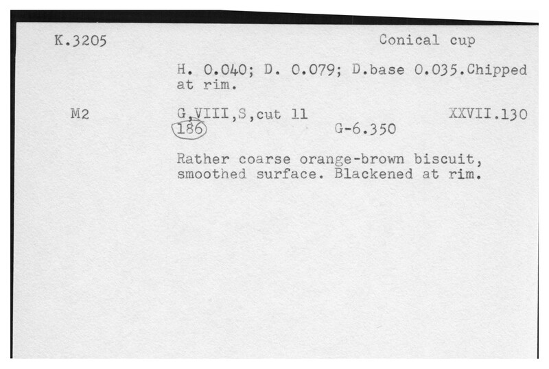 Index card with typed and handwritten information, sometimes including a sketch, of pottery from an excavation.