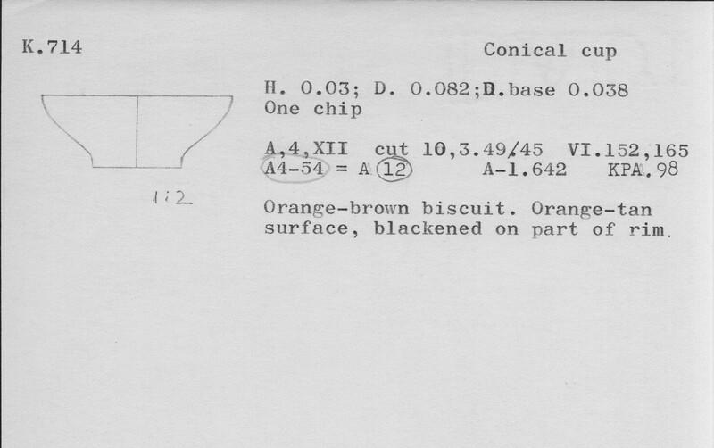 Index card with typed and handwritten information, sometimes including a sketch, of pottery from an excavation.
