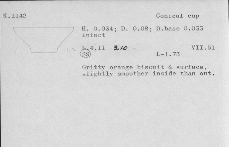 Index card with typed and handwritten information, sometimes including a sketch, of pottery from an excavation.