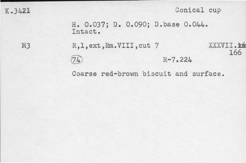 Index card with typed and handwritten information, sometimes including a sketch, of pottery from an excavation.