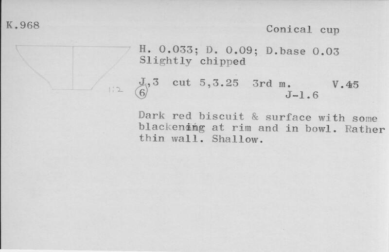 Index card with typed and handwritten information, sometimes including a sketch, of pottery from an excavation.