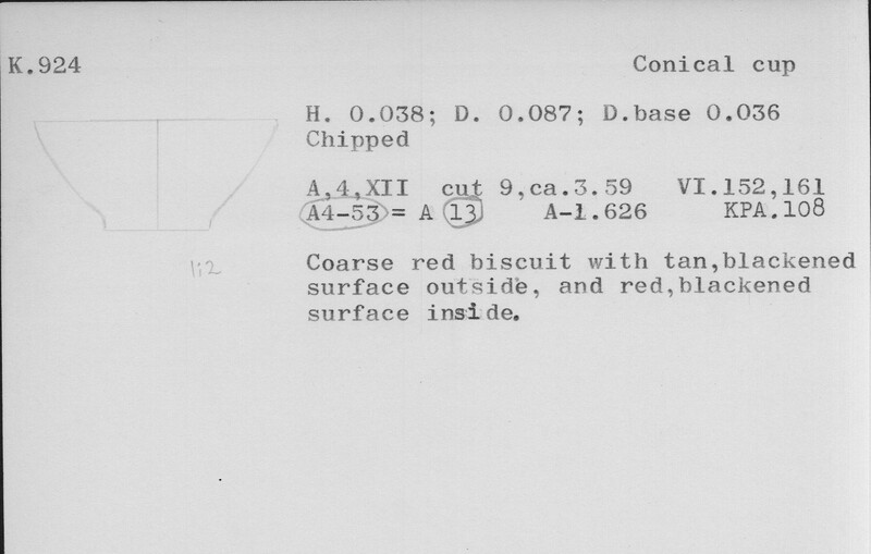 Index card with typed and handwritten information, sometimes including a sketch, of pottery from an excavation.