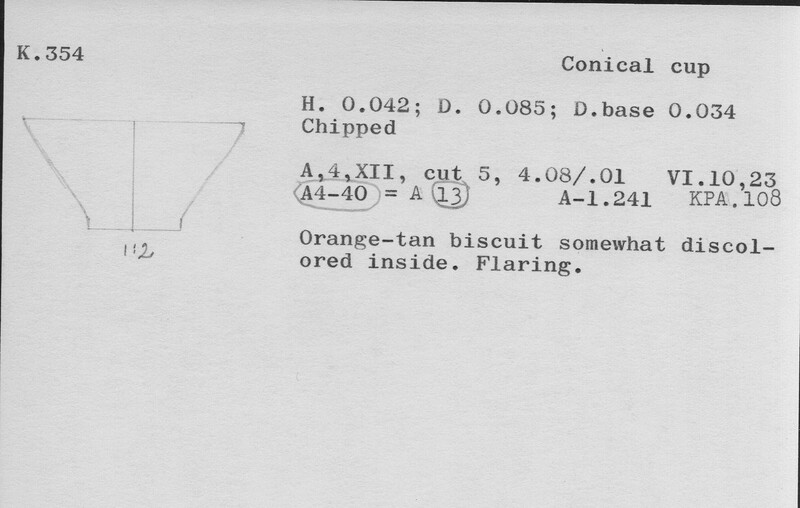Index card with typed and handwritten information, sometimes including a sketch, of pottery from an excavation.