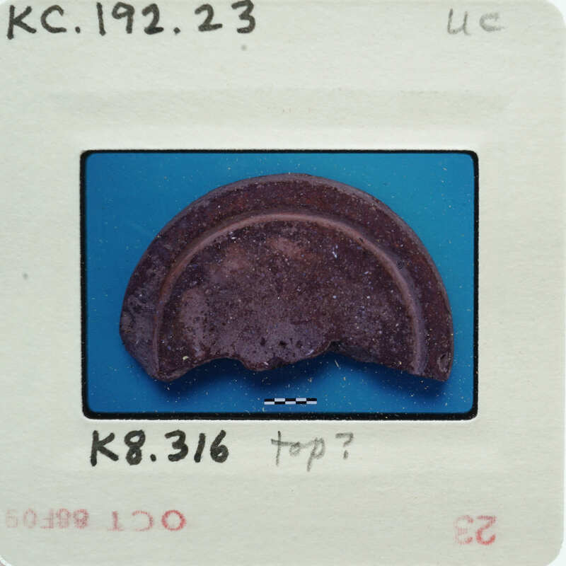 Portion of a small, round object with a hole in the center, placed on a blue background.